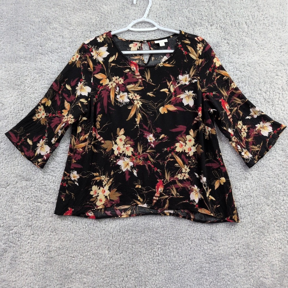 J Jill Top Women's LP Large Petite Black Floral Bird 3/4 Bell Sleeve Peasant